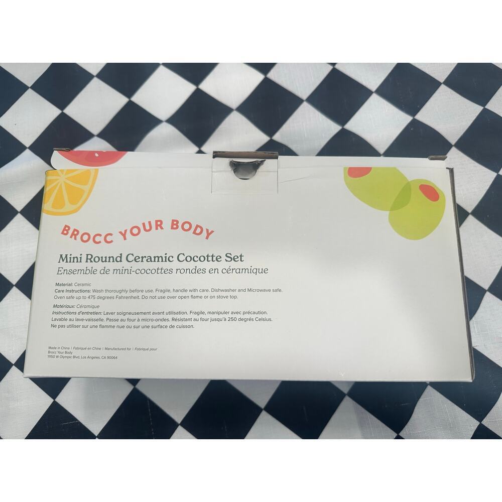 Brocc Your Body Mini Round Ceramic Cocotte Set Green and White Lids NEW IN BOX